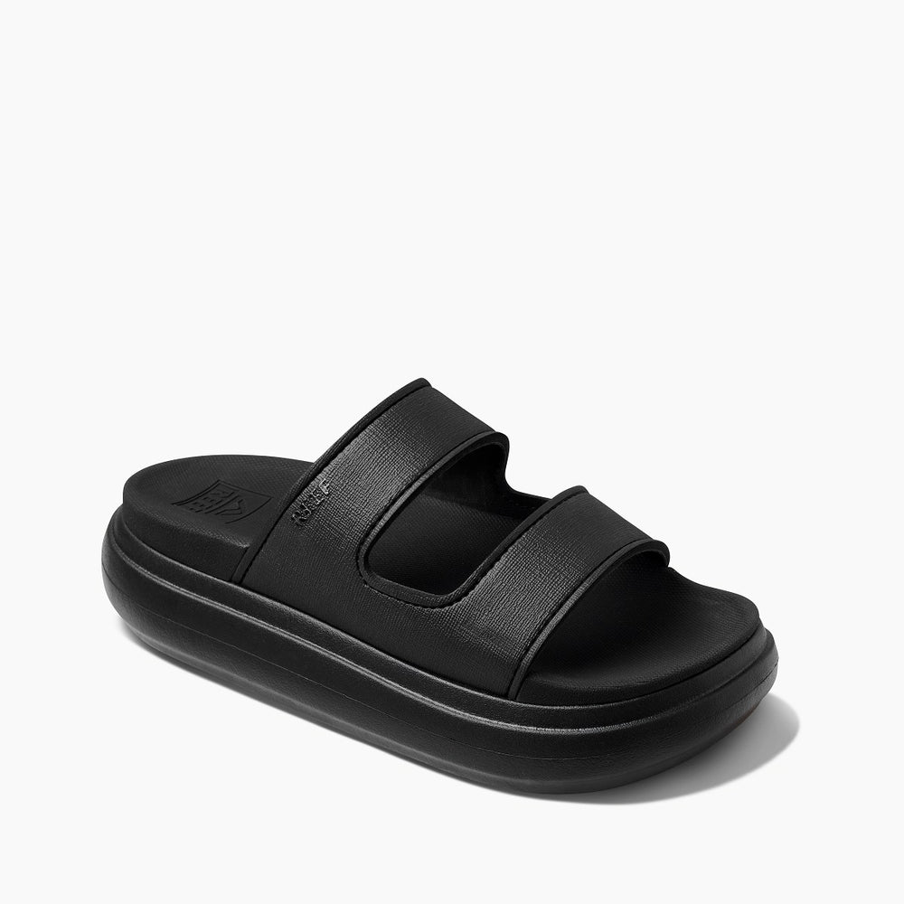 Reef Womens Cushion Bondi 2 Strap Slide in Black/Black ID E2RFSn0i