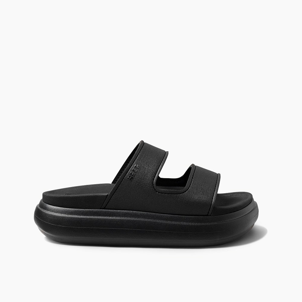 Reef Womens Cushion Bondi 2 Strap Slide in Black/Black ID E2RFSn0i