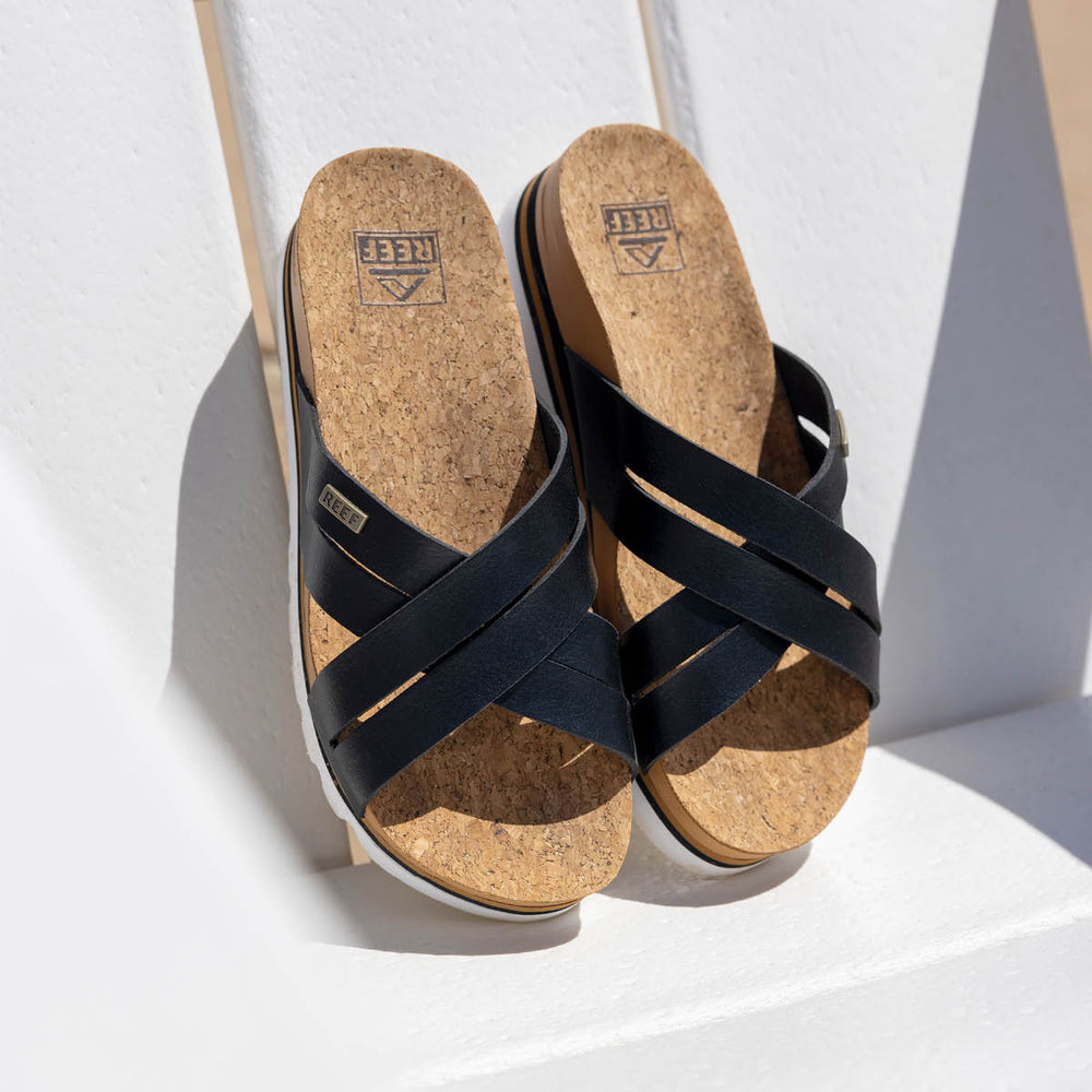 Reef Womens Cushion Bloom Hi Slides in Black/Tan ID JaTmpm61